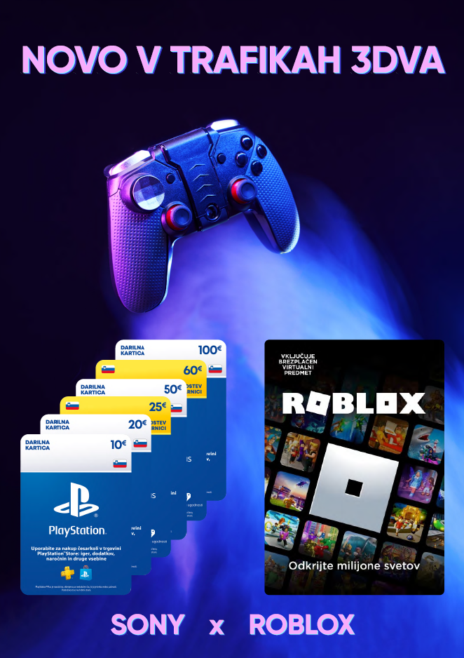 Novo v trafikah 3DVA, darilna kartica Sony Playstation, Roblox, Holyo darilna kartica ter Wellcard